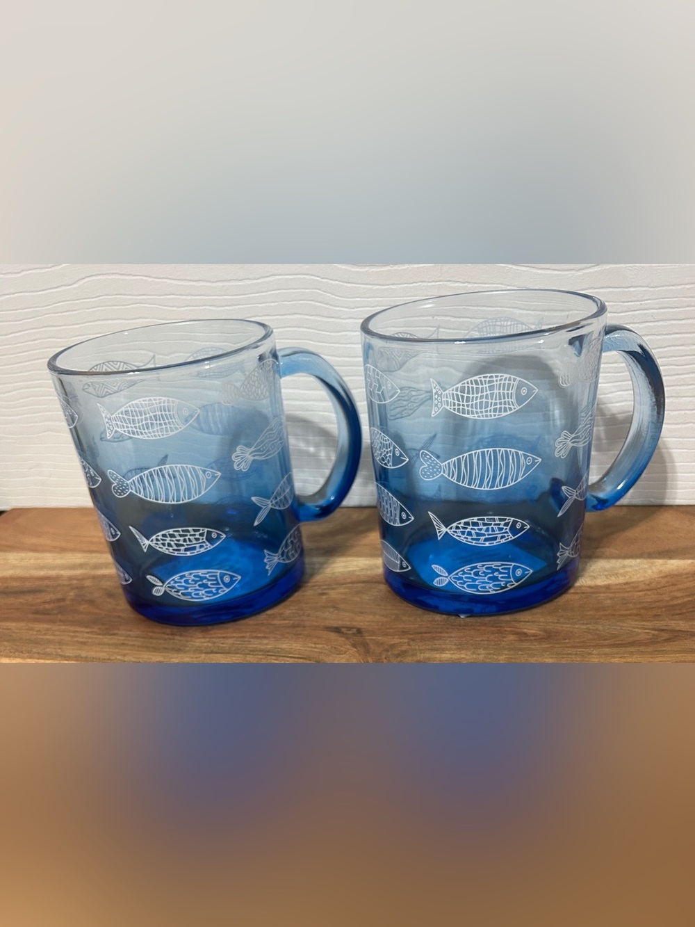 NEW Set of 2 Fish Coffee Mugs Blue Glass 17oz. Hobby Lobby